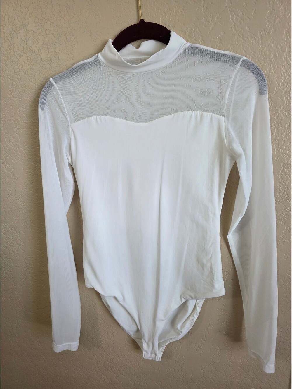 White Long Sleeve Sheer Mesh Bodysuit with Mock Neck Size Small